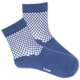 Blue ankle socks with crochet net cuff.