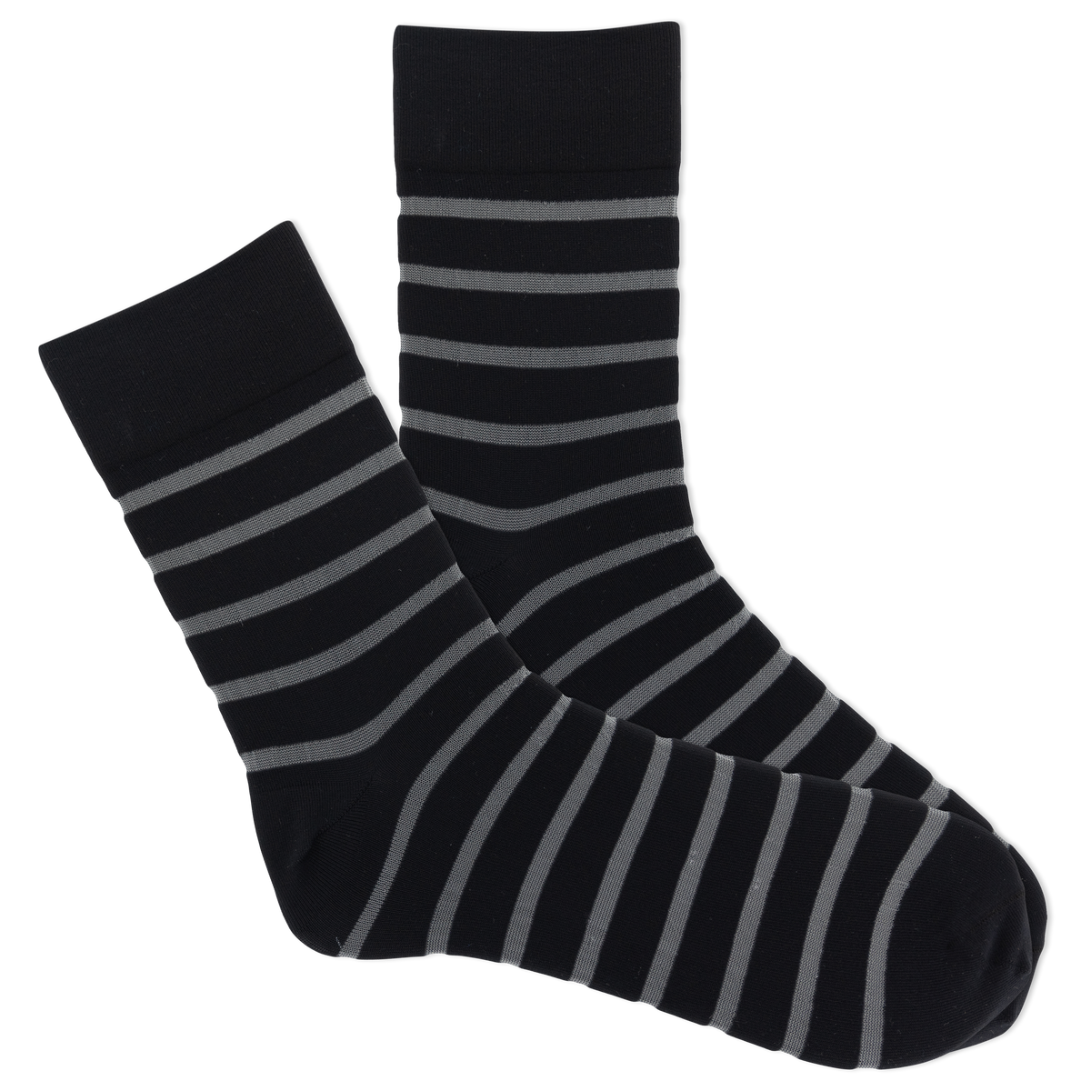 Sheer striped black socks on a white background