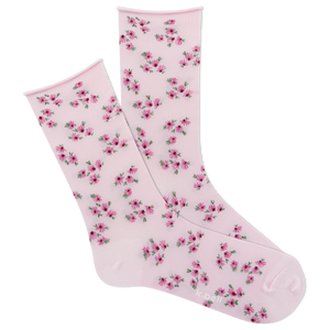 Pink socks with floral pattern on a white background