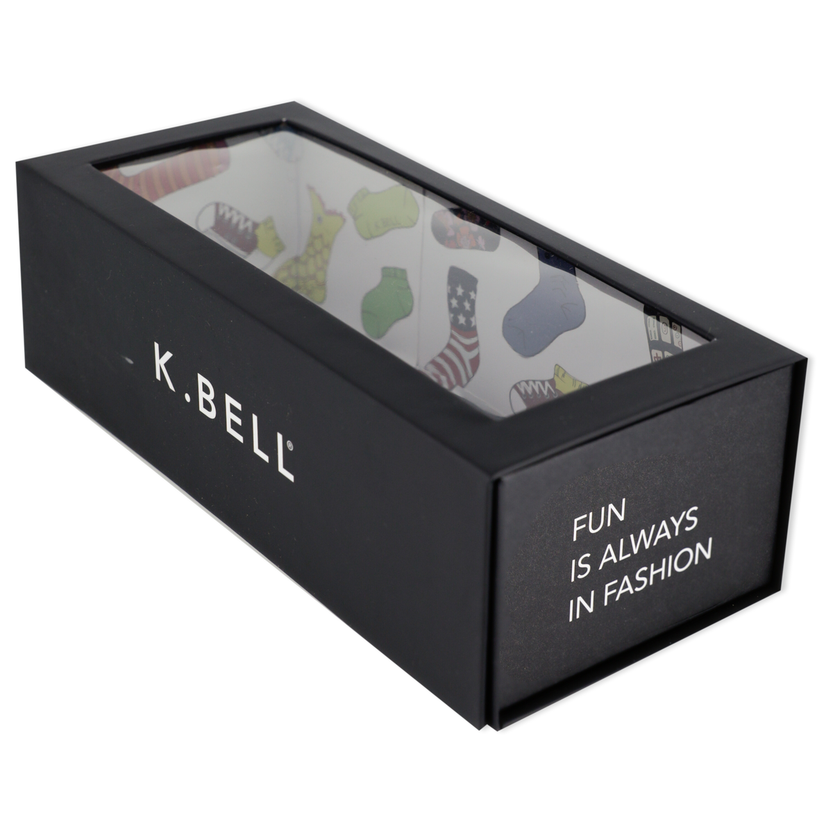 Black K. Bell shoe box with colorful sock design inside on a white background