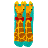 A pair of kids' crew socks featuring a giraffe wearing a bow tie, with blue color and plush yarn texture.