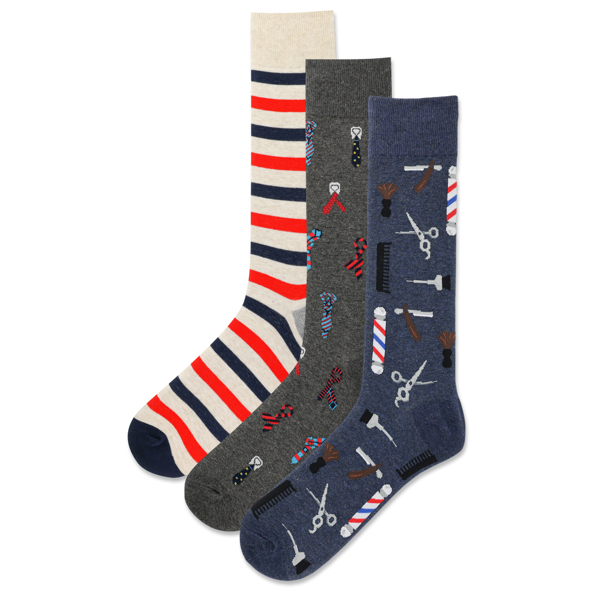 Three pairs of men's striped socks with barber-themed patterns including scissors, clippers, and keys.