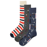 Three pairs of men's striped socks with barber-themed patterns including scissors, clippers, and keys.