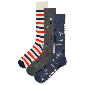 Three pairs of men's striped socks with barber-themed patterns including scissors, clippers, and keys.