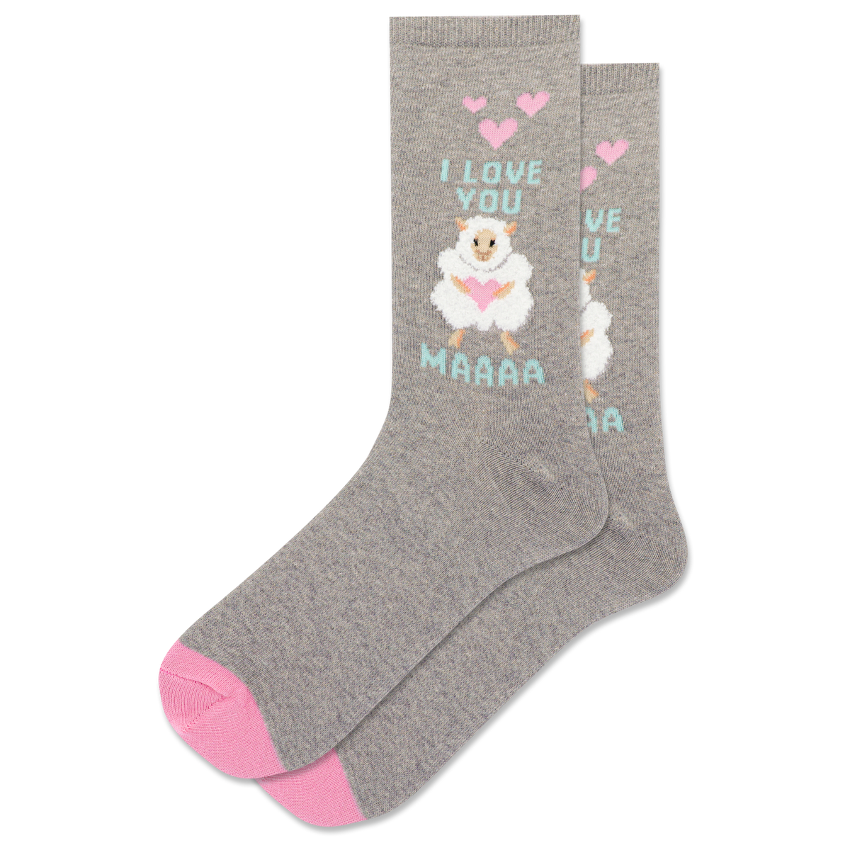 HOTSOX women's gray heather crew socks with a sheep holding a heart and the phrase "I love you Maaaa"