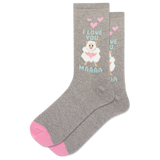 HOTSOX women's gray heather crew socks with a sheep holding a heart and the phrase "I love you Maaaa"