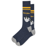 A pair of navy crew socks with a pattern of white cat faces and coffee cups, and yellow stripes.
