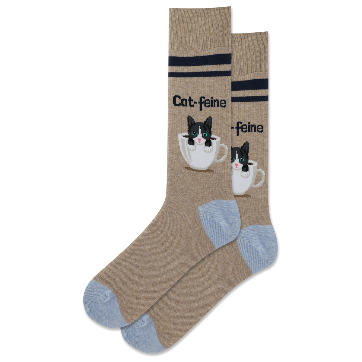 A pair of tan crew socks with a pattern of white cat faces and coffee cups, and black stripes.