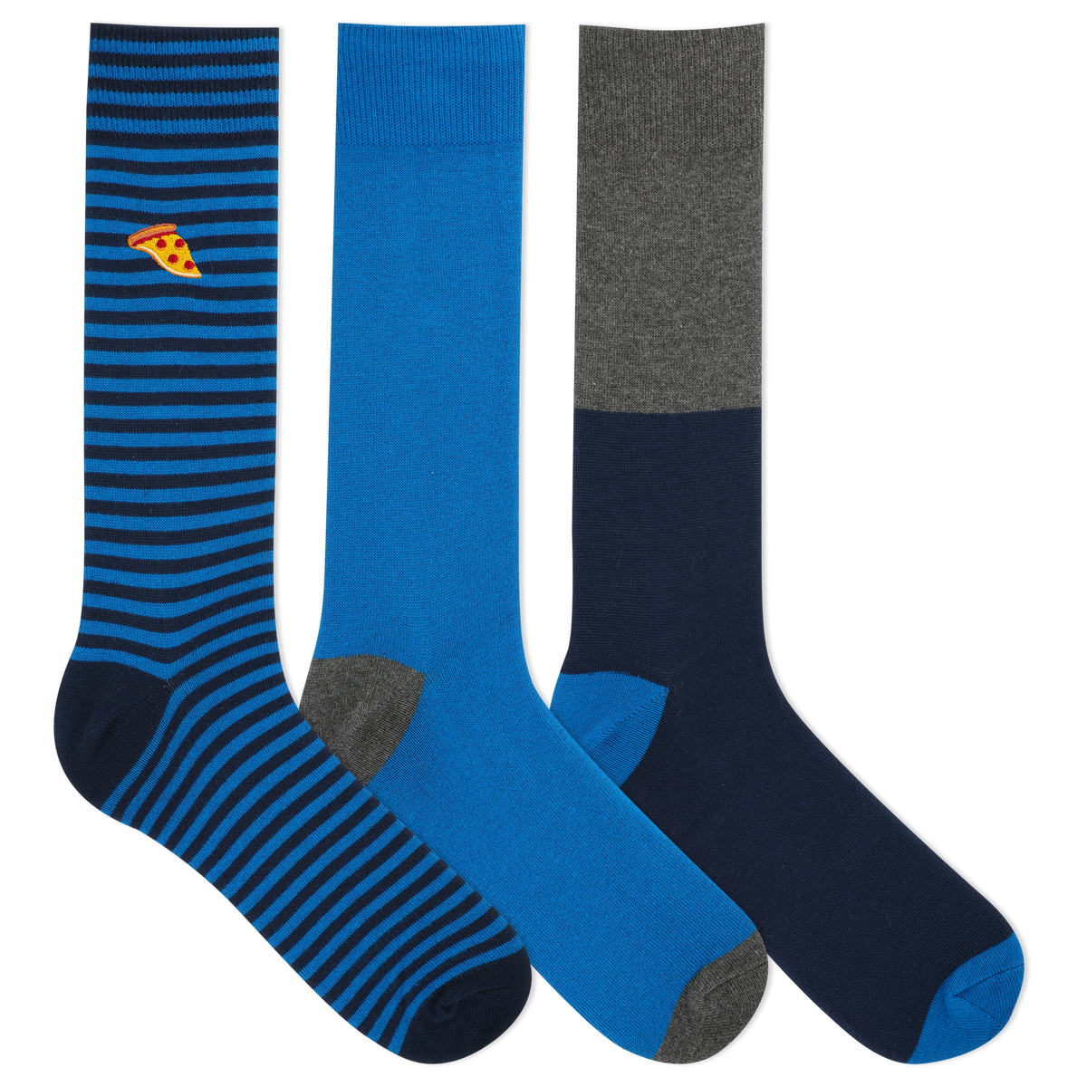 Three pairs of men's socks, featuring one with blue and white stripes, one with gray stripes, and one with a solid blue color and embroidered pizza slice icon.