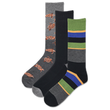 Three pairs of men's crew socks in a pack, featuring different designs including a turtle pattern, stripes, and a plain black pair.