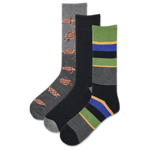 Three pairs of men's crew socks in a pack, featuring different designs including a turtle pattern, stripes, and a plain black pair.