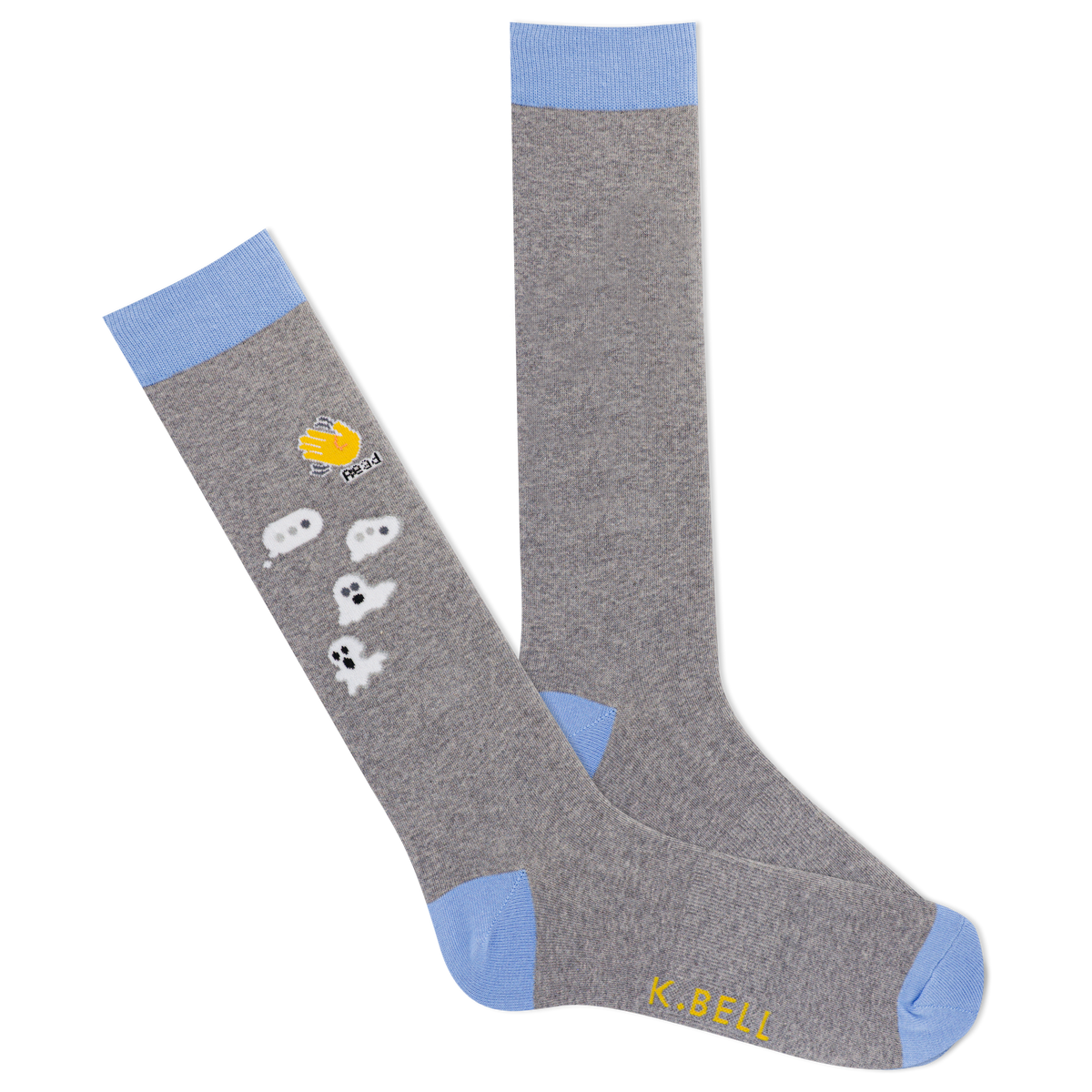 K.Bell men's gray crew socks with a periwinkle blue contrast cuff, heel and toe, arch support, and a pattern of emojis and ghosts.