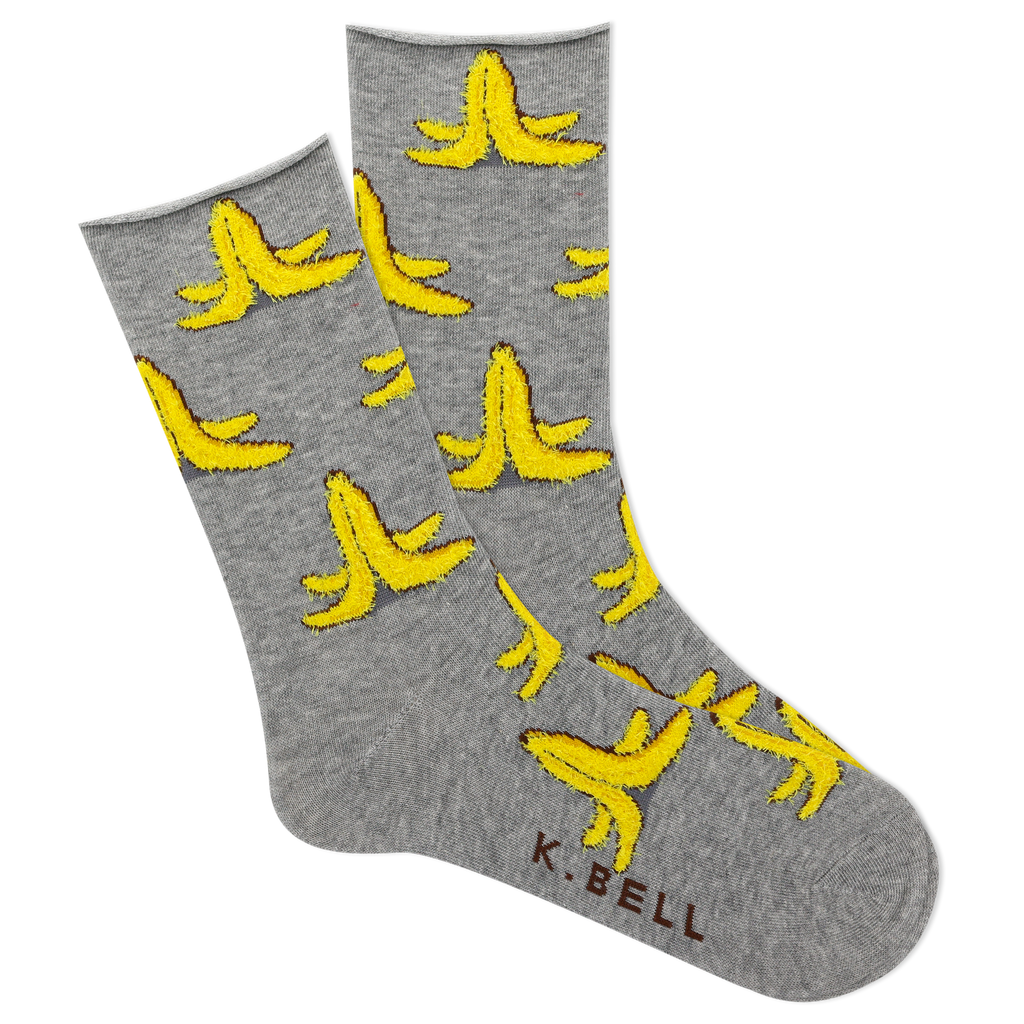 K.Bell Women's Fuzzy Banana Peels Roll Top Crew Sock