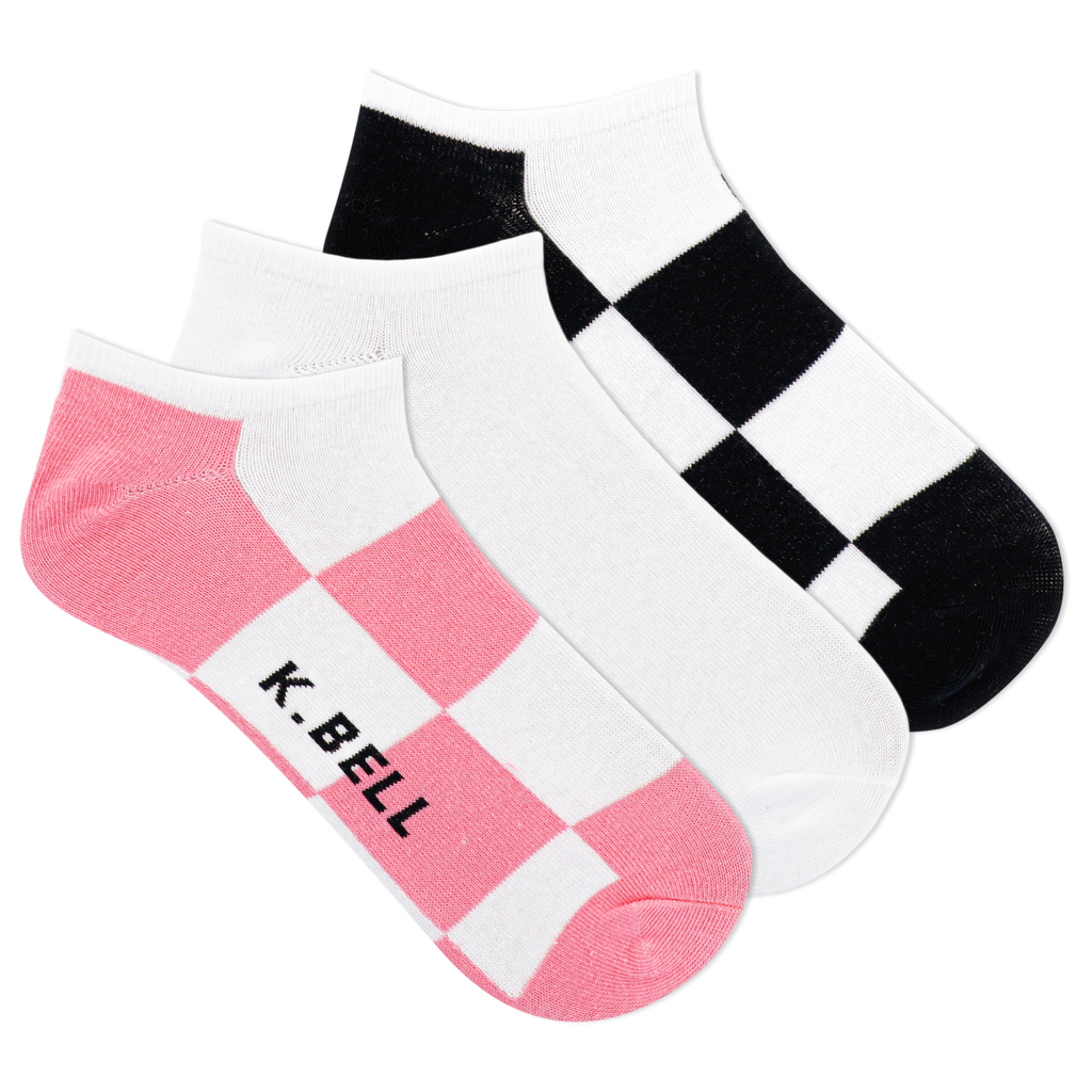 K.Bell Women's Big Checker Repreve No Show Ankle Sock 3 Pair Pack